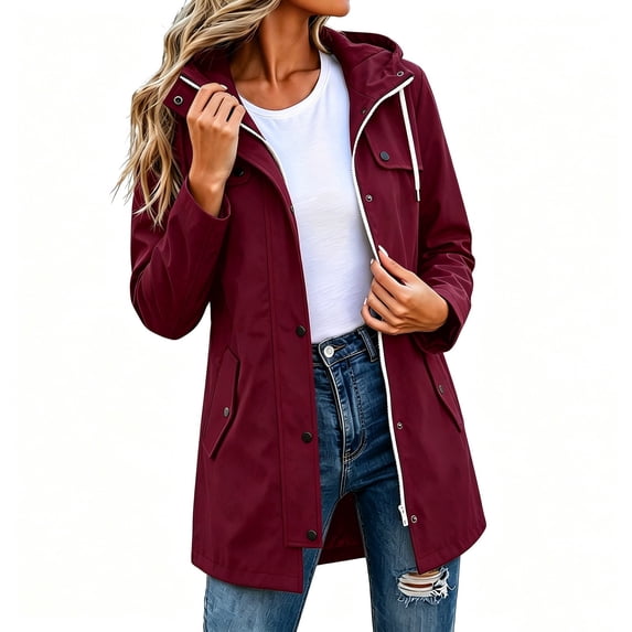 FDGIU Women's Mid Length Hooded Wind Trench Jacket, Dual Zip Snap Lightweight Outdoor Coat with Flap Hand Pockets for Spring Fall Hiking Travel Daily Casual Layering
