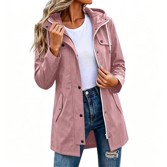 FDGIU Women's Mid Length Hooded Wind Trench Jacket, Dual Zip Snap Lightweight Outdoor Coat with Flap Hand Pockets for Spring Fall Hiking Travel Daily Casual Layering