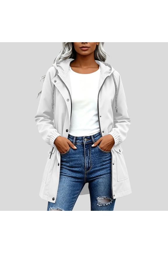 Women's Mid Length Hooded Windbreaker Trench Jacket, Dual Zip Snap Elastic Cuff Lightweight Outer Coat with Side Flap Pockets for Spring Fall Travel Hiking Daily Layering