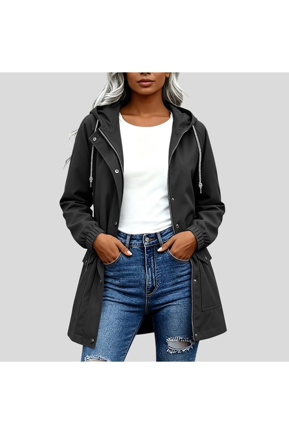 Women's Mid Length Hooded Windbreaker Trench Jacket, Dual Zip Snap Elastic Cuff Lightweight Outer Coat with Side Flap Pockets for Spring Fall Travel Hiking Daily Layering