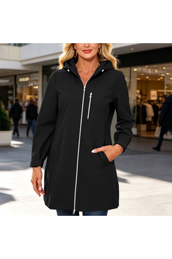 Women's Mid Length Hooded Windproof Jacket, Adjustable Cuff Full Zip Lightweight Outdoor Trench Coat with Zipper Pocket for 2026 Spring Fall Daily Hiking Layering