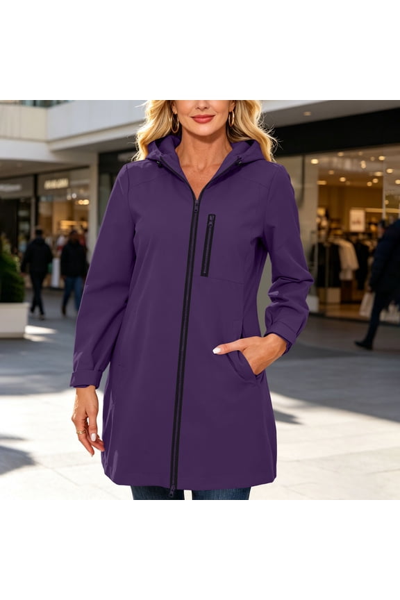 Women's Mid Length Hooded Windproof Jacket, Adjustable Cuff Full Zip Lightweight Outdoor Trench Coat with Zipper Pocket for 2026 Spring Fall Daily Hiking Layering