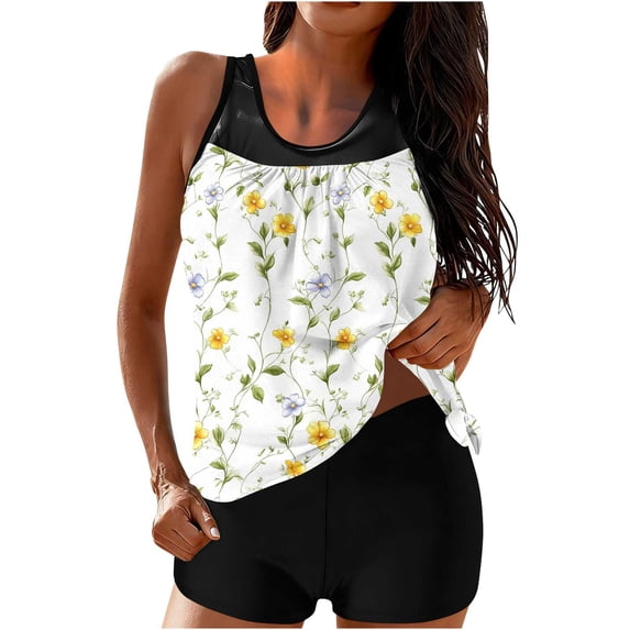 FDGIU Women's Modest Tankini Set with Built-in Bra - Tummy Control Tank Top & Shorts Bathing Suit