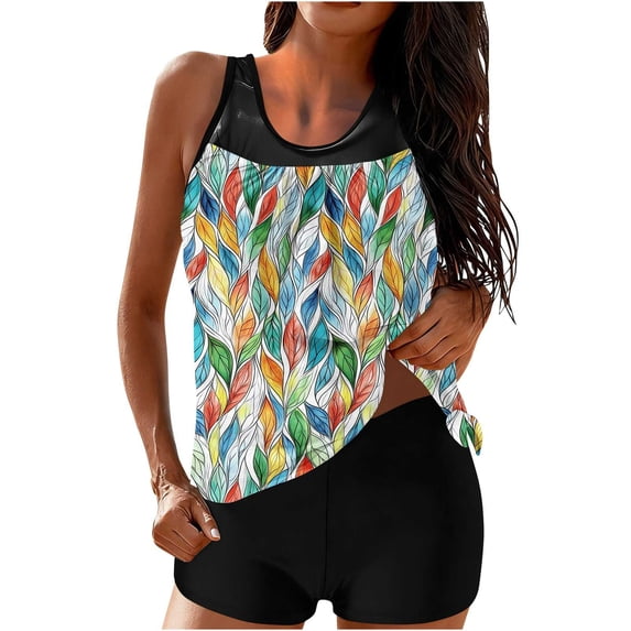 FDGIU Women's Modest Tankini Set with Built-in Bra - Tummy Control Tank Top & Shorts Bathing Suit