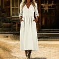 thumbnail image 1 of FDGIU Women's Notch V Neck Decorative Button 3/4 Sleeve High Waist Gathered Pocket Loose Linen Midi Dress, Casual Spring Fall Home Swing Mid Dresses, 1 of 7