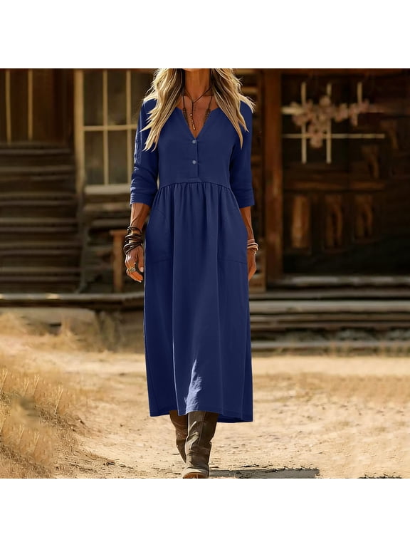 Women's Notch V Neck Decorative Button 3/4 Sleeve High Waist Gathered Pocket Loose Linen Midi Dress, Casual Spring Fall Home Swing Mid Dresses