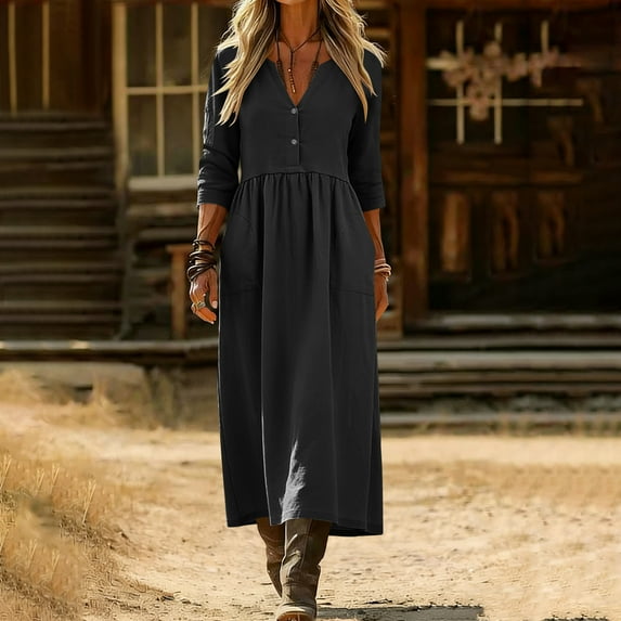 FDGIU Women's Notch V Neck Decorative Button 3/4 Sleeve High Waist Gathered Pocket Loose Linen Midi Dress, Casual Spring Fall Home Swing Mid Dresses