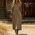 thumbnail image 1 of FDGIU Women's Notch V Neck Decorative Button 3/4 Sleeve High Waist Gathered Pocket Loose Linen Midi Dress, Casual Spring Fall Home Swing Mid Dresses, 1 of 7