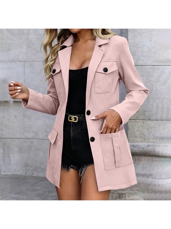 Women's Notched Lapel Multi Pocket Trench Coat, Long Sleeve Two Button Mid Length Casual Cargo Jacket with Flap Pockets for 2026 Spring Fall Daily Travel Layering