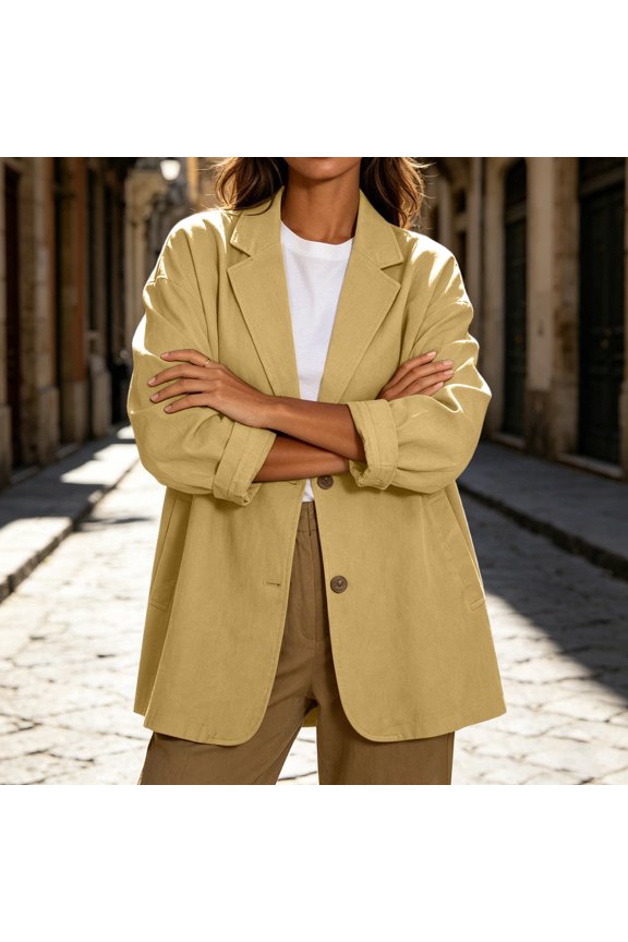 Women's Notched Lapel Oversized Casual Blazer, Roll Tab Long Sleeve Two Button Soft Woven Jacket with Side Pockets for Spring Fall Daily Travel Layering