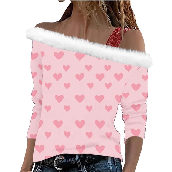 FDGIU Women's Off Shoulder Valentine Shirt - Cozy Fleece Neck Long Sleeve Heart Print Holiday Outfit Tee