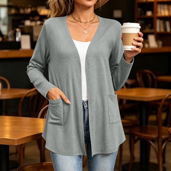 FDGIU Women's Open Front Long Sleeve Cardigan, Side Pocket Loose Fit Lightweight Casual Outerwear for Spring Fall Daily Outfits