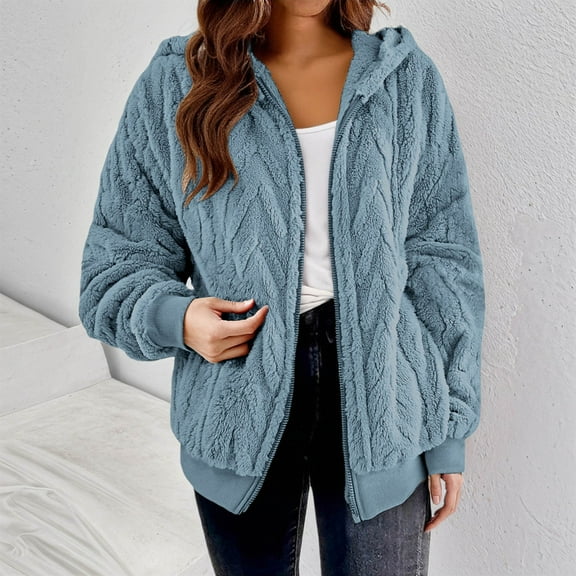 âFDGIU Women's Oversized Coat Zip Up Sherpa Jacket - Fuzzy Fleece Hooded Coat with Pockets, Warm Fluffy Fall Winter Outerwear