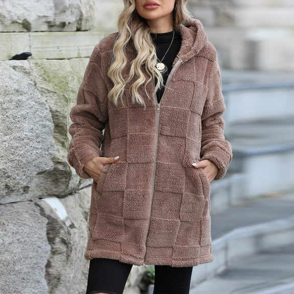 ‌FDGIU Women's Oversized Coat Zip Up Sherpa Jacket - Fuzzy Fleece Hooded Coat with Pockets, Warm Fluffy Fall Winter Outerwear