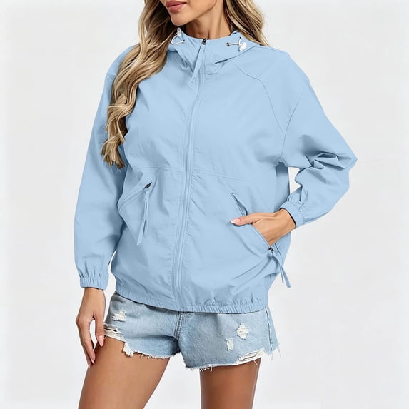 FDGIU Women's Oversized Hooded Windbreaker Jacket, Full Zip Elastic Cuff Lightweight Casual Coat with Zipper Side Pockets for Hiking Beach Travel Daily Layering