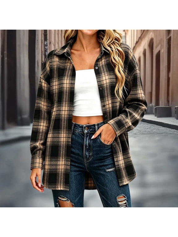 Women's Oversized Plaid Flannel Shacket, Lapel Collar Long Sleeve Button Down Casual Overshirt with Side Pockets for 2026 Spring Fall Outdoor Daily Layering