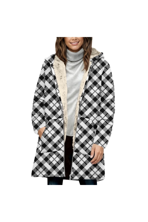Women's Oversized Plaid Flannel Shacket - Sherpa Lined Zip Up Hooded Warm Jacket