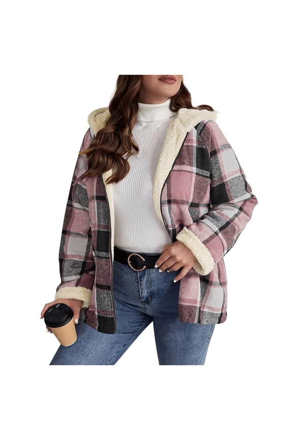 Women's Oversized Plaid Flannel Shacket - Sherpa Lined Zip Up Hooded Warm Jacket