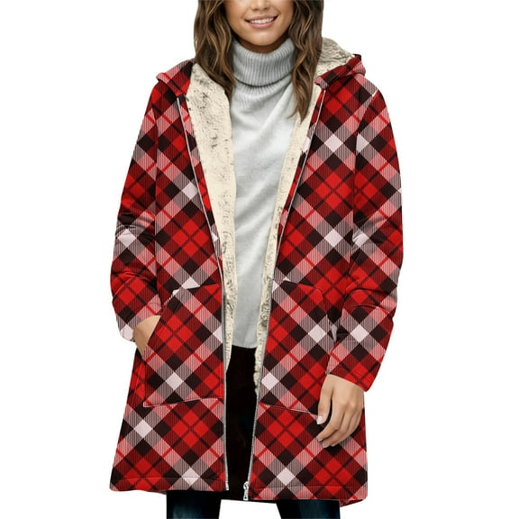 FDGIU Women's Oversized Plaid Flannel Shacket - Sherpa Lined Zip Up Hooded Warm Jacket