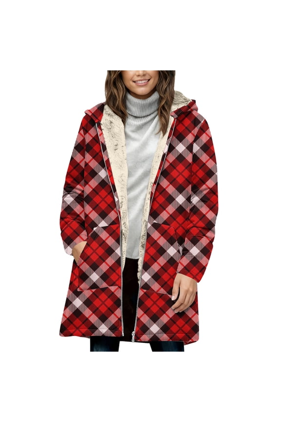 Women's Oversized Plaid Flannel Shacket - Sherpa Lined Zip Up Hooded Warm Jacket