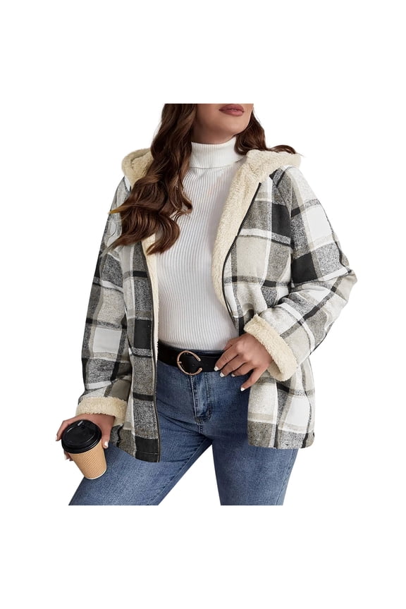 Women's Oversized Plaid Flannel Shacket - Sherpa Lined Zip Up Hooded Warm Jacket
