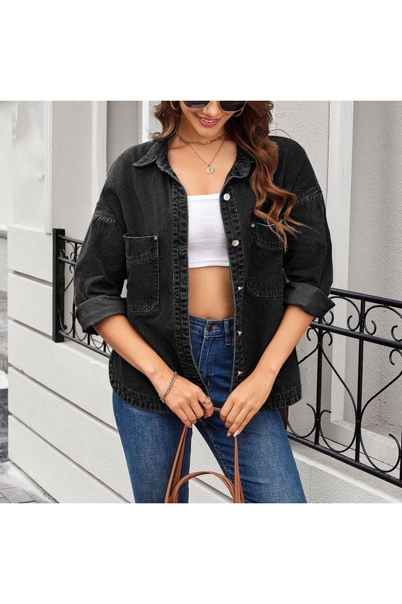Women's Oversized Roll Sleeve Denim Shirt Jacket, Lapel Collar Button Down Jean Shacket with Chest Pockets for Spring Summer Casual Daily Layering