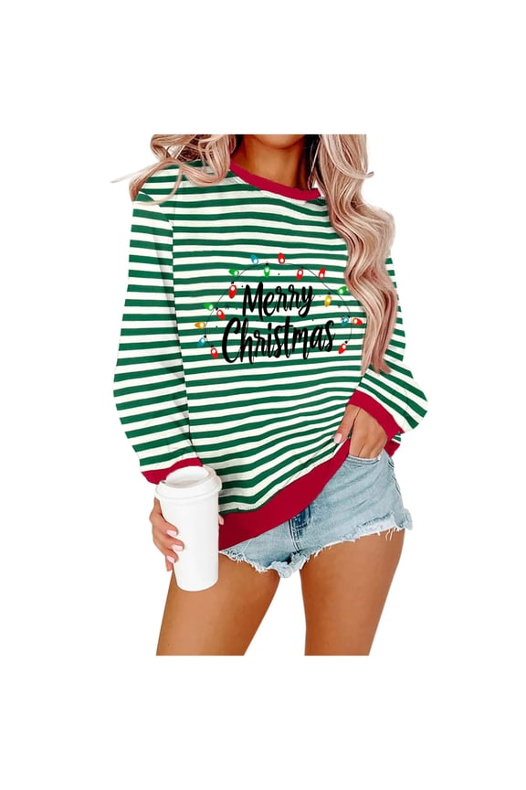 Women's Oversized Striped Christmas Sweatshirt - Merry Xmas Crewneck Long Sleeve Loose Fit Holiday Outfit
