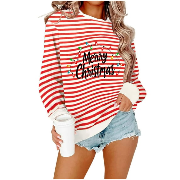 FDGIU Women's Oversized Striped Christmas Sweatshirt - Merry Xmas Crewneck Long Sleeve Loose Fit Holiday Outfit