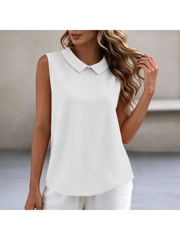 Women's Peter Pan Collar Waffle Knit Sleeveless Tank Top, Loose Curved Hem Textured Camisole Vest for Summer Office Daily Casual Layering Outfits
