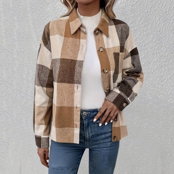 FDGIU Women's Plaid Flannel Shacket Jacket - Cozy Lapel Button-Down Shirt Coat, Fall Winter Fuzzy Trench Oversized Outerwear