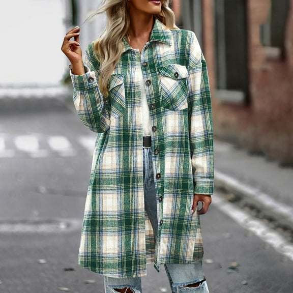 FDGIU Women's Plaid Flannel Shacket Jacket - Cozy Lapel Button-Down Shirt Coat, Fall Winter Fuzzy Trench Oversized Outerwear