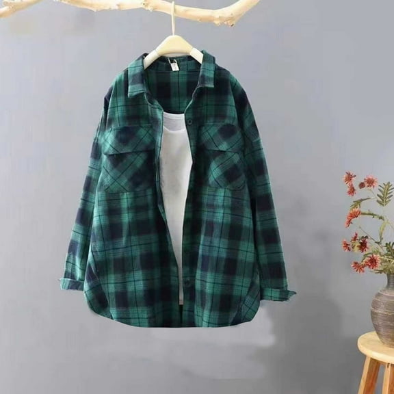 FDGIU Women's Plaid Flannel Shacket Jacket - Cozy Lapel Button-Down Shirt Coat, Fall Winter Fuzzy Trench Oversized Outerwear