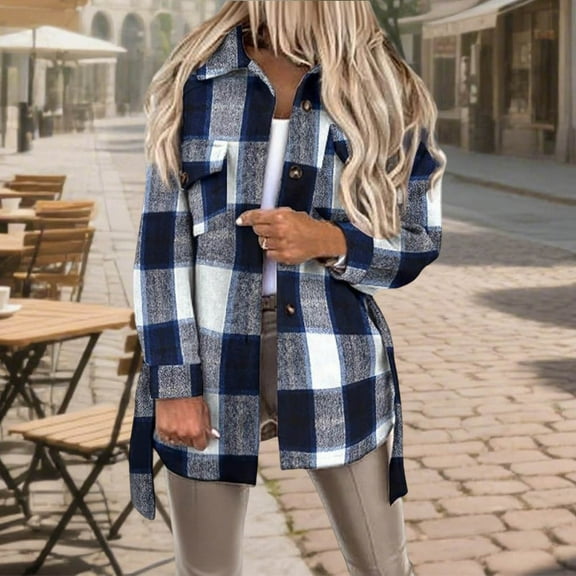 FDGIU Women's Plaid Flannel Shacket Jacket - Cozy Lapel Button-Down Shirt Coat, Fall Winter Fuzzy Trench Oversized Outerwear