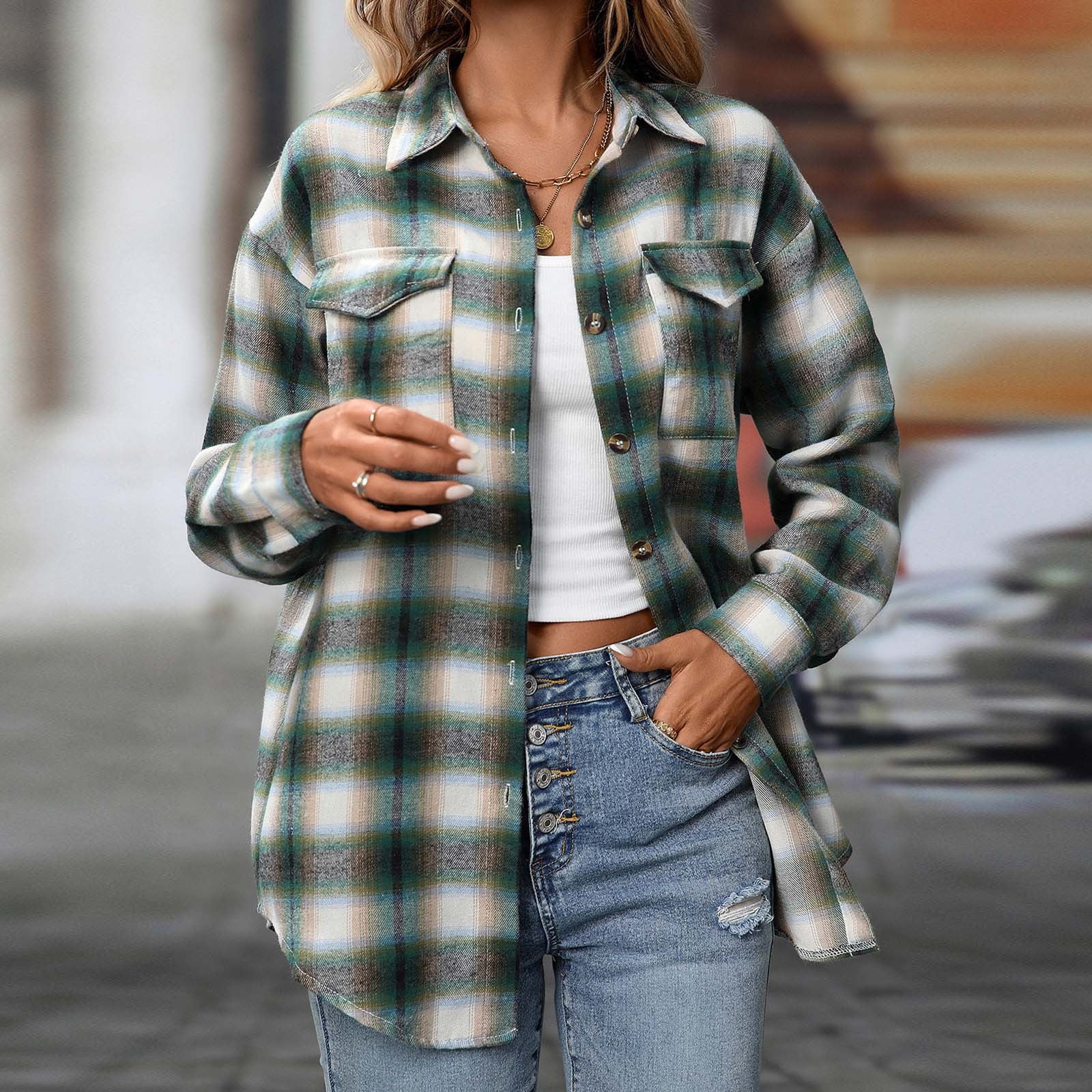 FDGIU Women's Plaid Flannel Shacket Jacket - Cozy Lapel Button-Down ...