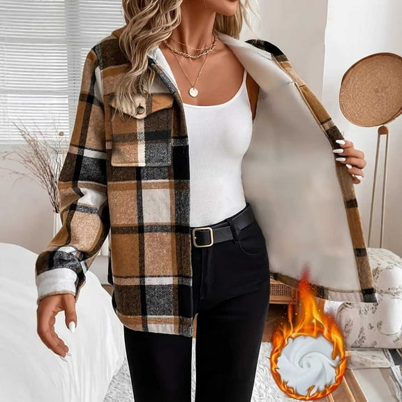 FDGIU Women's Plaid Flannel Shacket - Plus Size Fleece Lined Hooded Coat, Long Sleeve Button-Down Shirt Jacket, Oversized Flannel Hoodie, Warm Winter Zip-Up Coat