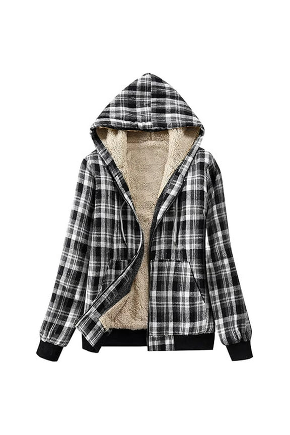 Women's Plaid Flannel Shacket - Plus Size Fleece Lined Hooded Coat, Long Sleeve Button-Down Shirt Jacket, Oversized Flannel Hoodie, Warm Winter Zip-Up Coat