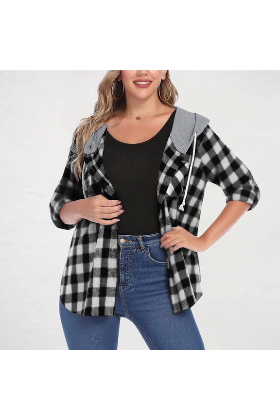 Women's Plaid Flannel Shacket - Plus Size Fleece Lined Hooded Coat, Long Sleeve Button-Down Shirt Jacket, Oversized Flannel Hoodie, Warm Winter Zip-Up Coat