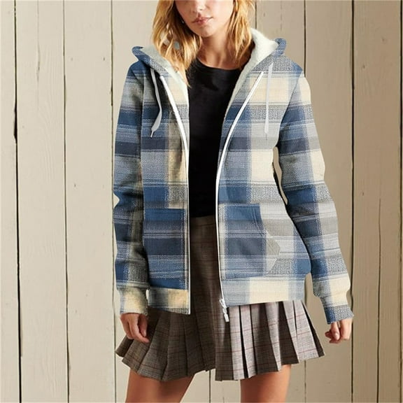 FDGIU Women's Plaid Flannel Shacket - Plus Size Fleece Lined Hooded Coat, Long Sleeve Button-Down Shirt Jacket, Oversized Flannel Hoodie, Warm Winter Zip-Up Coat
