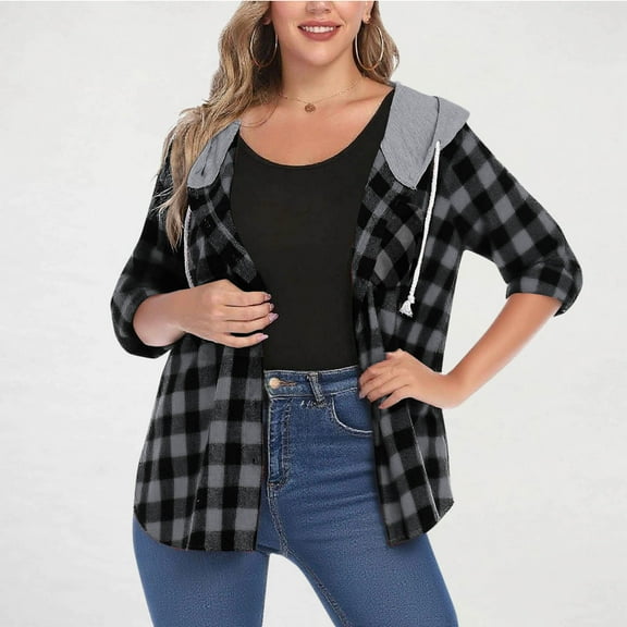 FDGIU Women's Plaid Flannel Shacket - Plus Size Fleece Lined Hooded Coat, Long Sleeve Button-Down Shirt Jacket, Oversized Flannel Hoodie, Warm Winter Zip-Up Coat