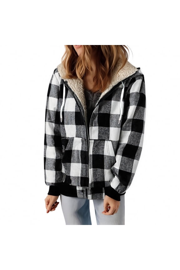Women's Plaid Flannel Sherpa Lined Hooded Shacket - Warm Jacket for Casual Outdoor Activities