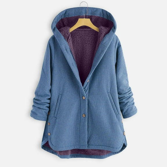 FDGIU Women's Plaid Fleece Cardigan Button Hooded Jacket - Lightweight Winter Coat with Pockets, Warm Trendy Fall Outerwear