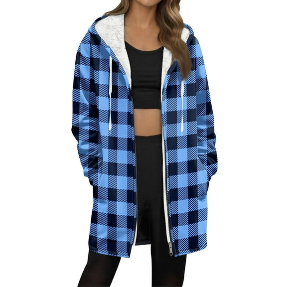 FDGIU Women's Plaid Fleece Coat - Sherpa Lined Plus Size Warm Winter Zip Up Outerwear for Cold Weather