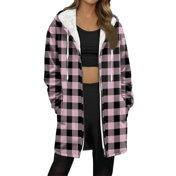 FDGIU Women's Plaid Fleece Coat - Sherpa Lined Plus Size Warm Winter Zip Up Outerwear for Cold Weather
