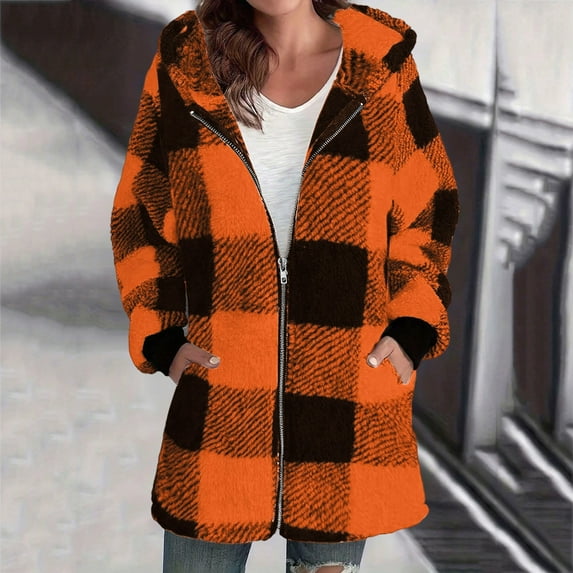 FDGIU Women's Plaid Fleece Zip Up Hooded Jacket - Lightweight Winter Coat with Pockets, Warm Trendy Fall Outerwear