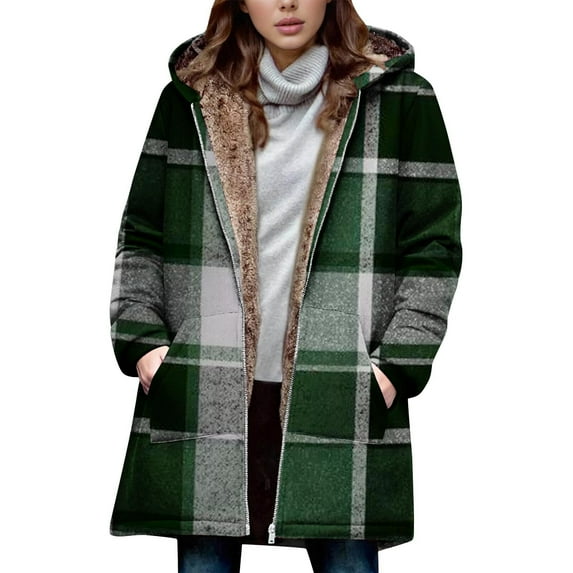 FDGIU Women's Plaid Sherpa Fleece Lined Hooded Jacket - Zip Up Fall Winter Long Outerwear with Pockets