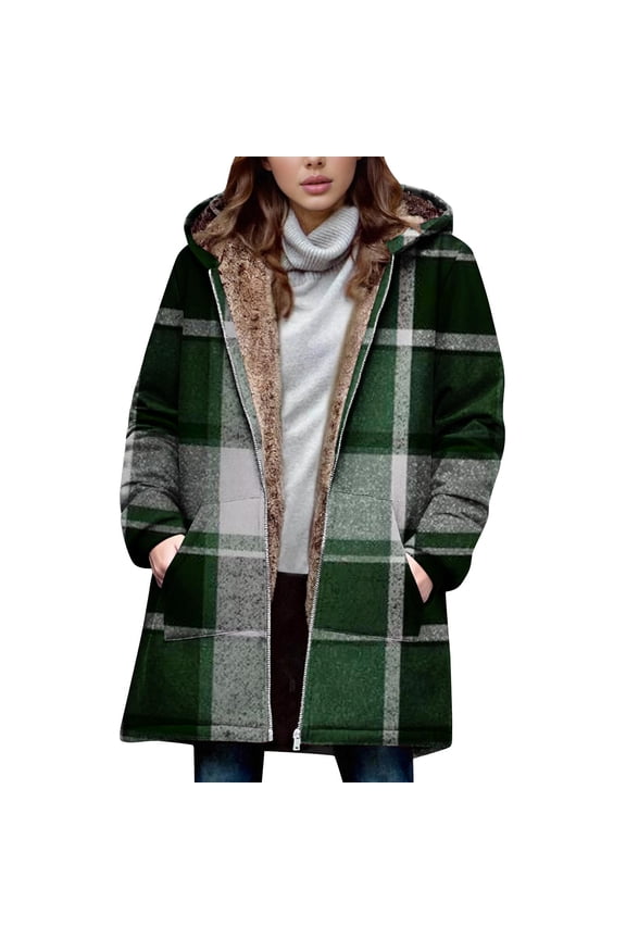 Women's Plaid Sherpa Fleece Lined Hooded Jacket - Zip Up Fall Winter Long Outerwear with Pockets