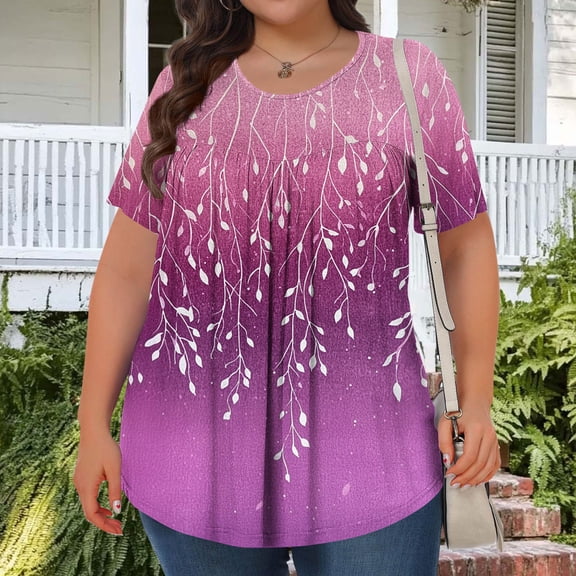 FDGIU Women's Plus Size Boho Floral T-Shirt - Short Sleeve Round Neck Loose Fit Top, Casual Summer Blouse Tee for Ladies