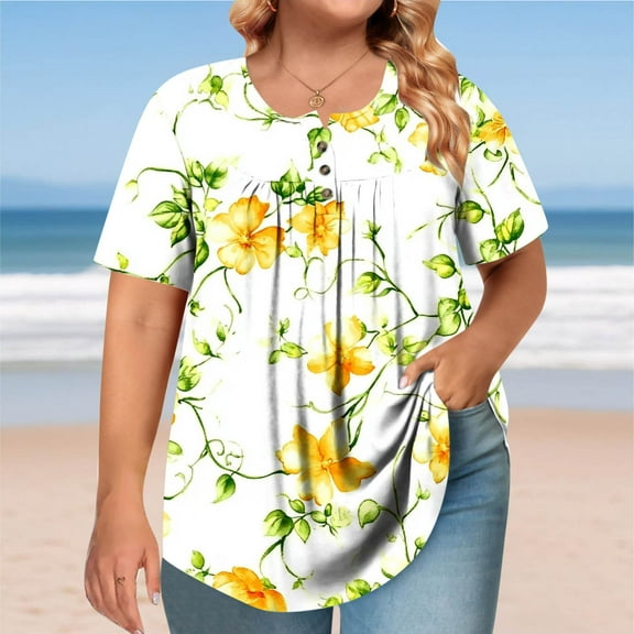 FDGIU Women's Plus Size Boho Floral T-Shirt - Short Sleeve Round Neck Loose Fit Top, Casual Summer Blouse Tee for Ladies