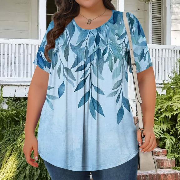 FDGIU Women's Plus Size Boho Floral T-Shirt - Short Sleeve Round Neck Loose Fit Top, Casual Summer Blouse Tee for Ladies