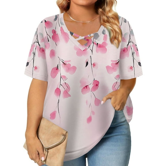 FDGIU Women's Plus Size Boho Loose Fit Short Sleeve Stripe Print T-Shirt - Casual Summer Blouse